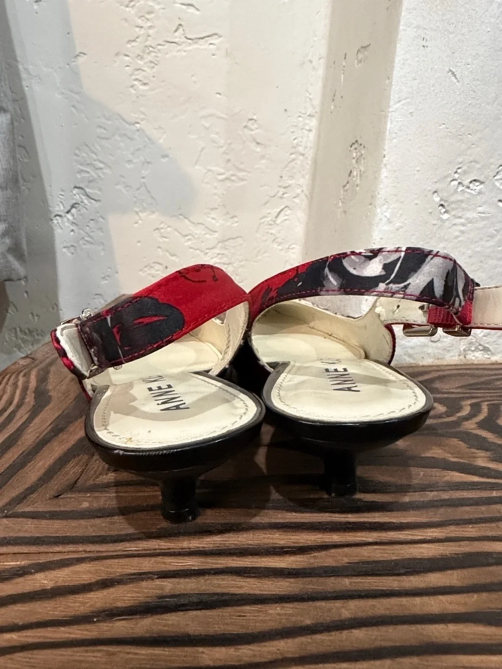 Anne Klein Red and Black Floral Pointed Slingback Kitten Heel Pumps